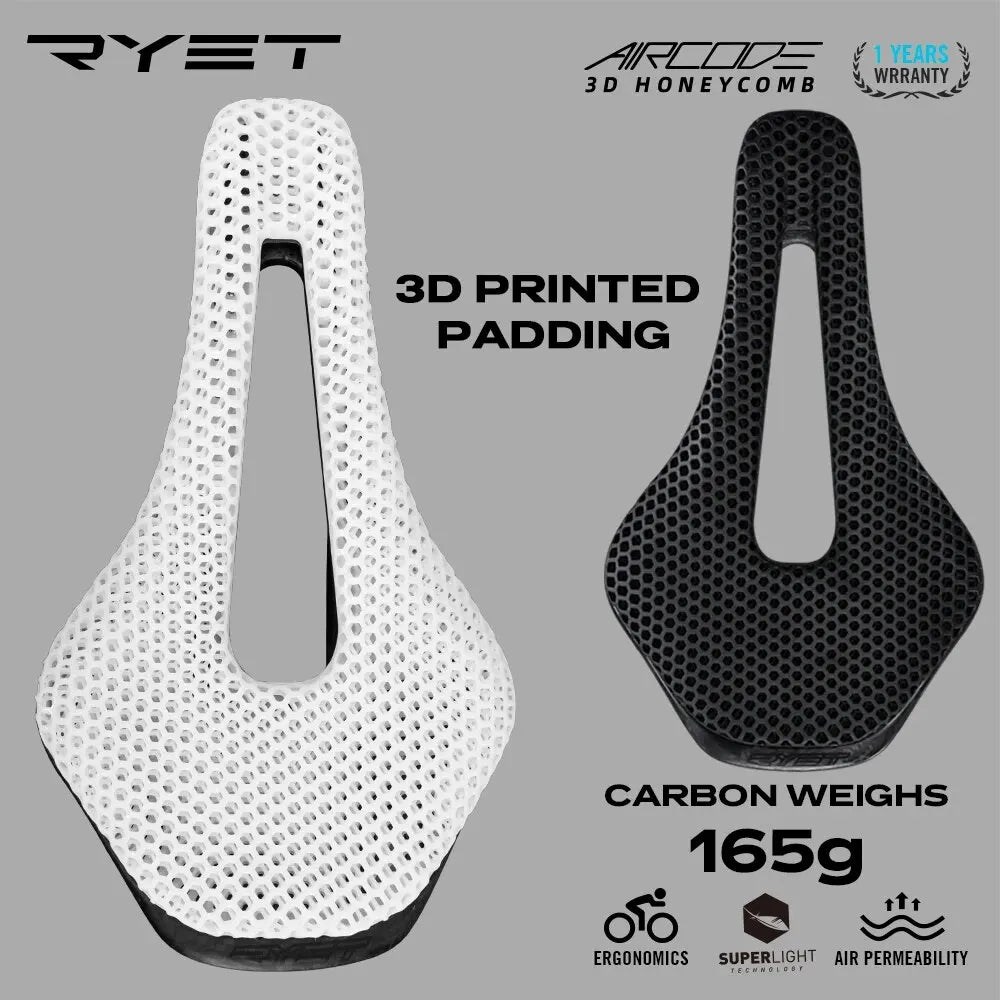 RYET 3D Printed Bike Saddle - Ultralight Carbon Fiber, Hollow and Breathable Design for MTB, Gravel and Road Cycling