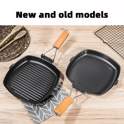 Foldable Portable Grill Pan – Double-Mouth Steak Pan with Anti-Scald Wooden Handle for Outdoor Cooking