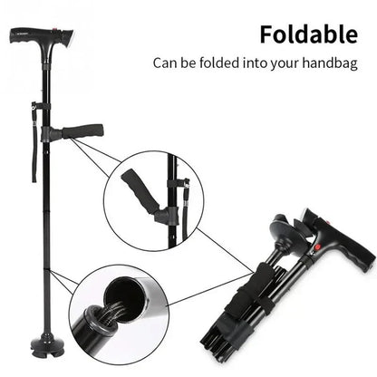 Collapsible Telescopic Cane with LED & Alarm — Folding Walking Stick for Elderly, Trusty Crutches for Seniors, Moms & Dads