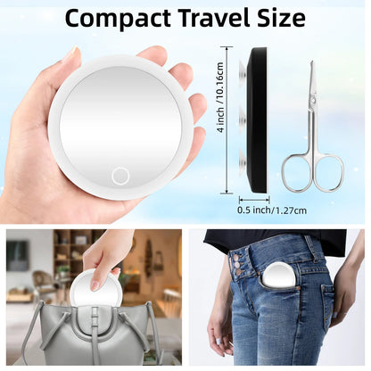 Compact Mirror with Natural LED Light - 4" Rechargeable Magnifying Travel Makeup Mirror, Includes 3 Suction Cups