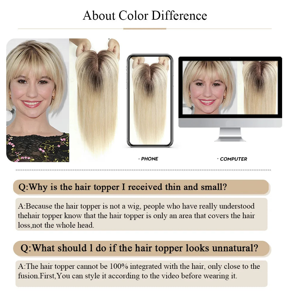 Brown Blonde Ombre Human Hair Toppers for Women – 10/12/14 Inches with Silk Base, Clips, and Bangs