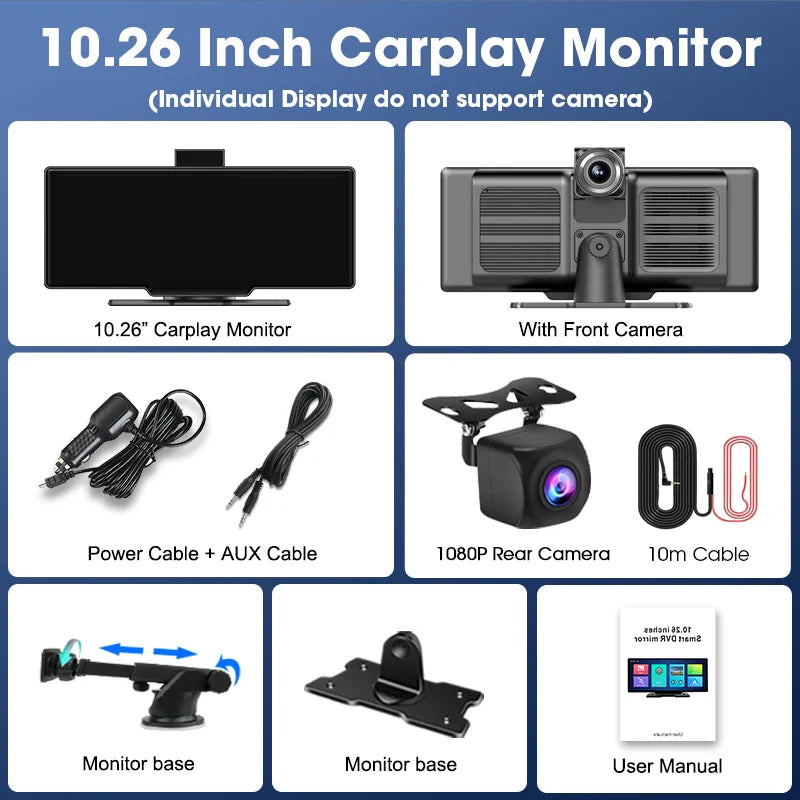 10.26'' 4K Dash Cam Car Mirror Video Player - Wireless CarPlay, Android Auto, GPS, and Rearview Camera Monitor