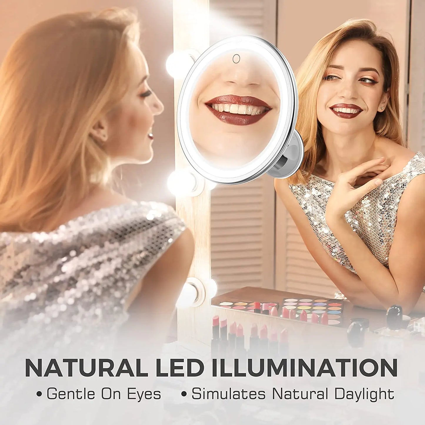 Portable LED Touch Screen 10x Magnifying Mirror with Flexible Design - Ideal for Makeup on Dressing Tables - Battery Operated
