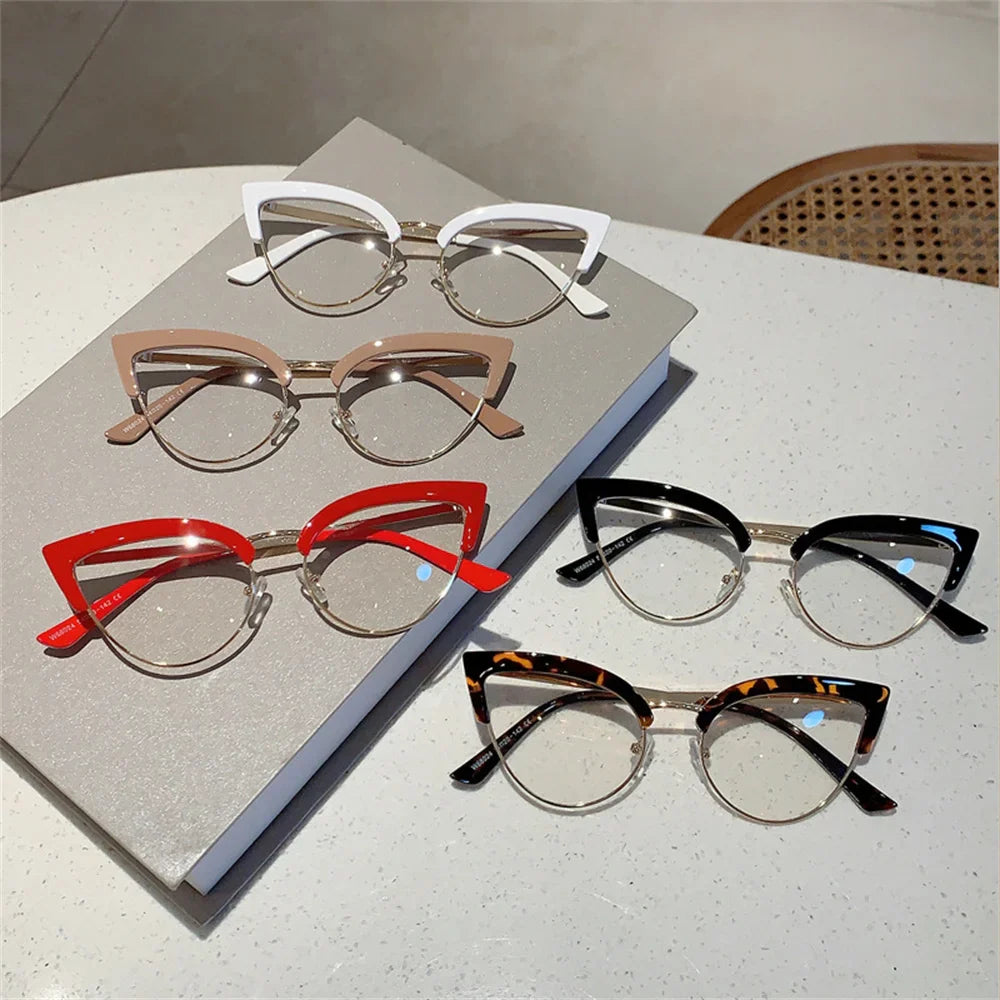 New Vintage Cat Eye Glasses Frame, Stylish Semi-Metal Rim Women’s Eyewear, Trendy Brand Design Non-Prescription Eyeglasses