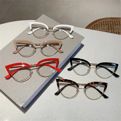 New Vintage Cat Eye Glasses Frame, Stylish Semi-Metal Rim Women’s Eyewear, Trendy Brand Design Non-Prescription Eyeglasses