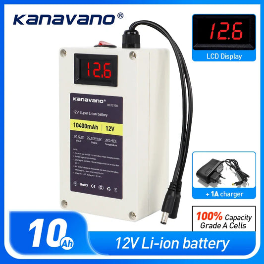 12V 10Ah 18650 Lithium-Ion Rechargeable Battery Pack — 11.1V with Built-in BMS for LED Toys & Inflatable Clothes with Charger