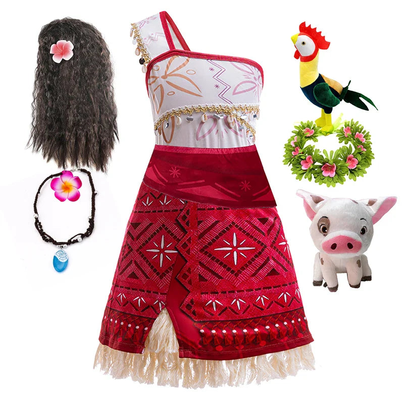 Girls Moana 2 Dress - Halloween Party Adventure Costume, Princess Fancy Clothes, Vaiana with Pet Pig Outfit