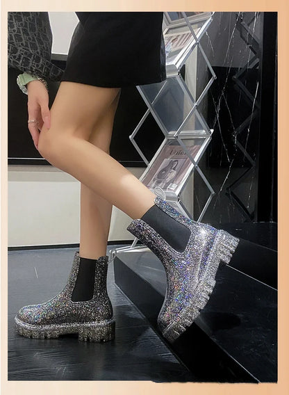 Women’s Shiny Color Fashion Rain Boots – Four-Season Waterproof Mid-Tube Ankle Outdoor Shoes