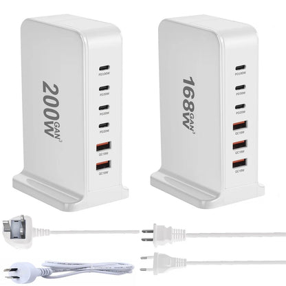 200W GaN Desktop Quick Charger - 168W PD, 6-Port USB Type C with USA, EU, AUS, UK Plug Adapters for Mobile Phones and Laptops