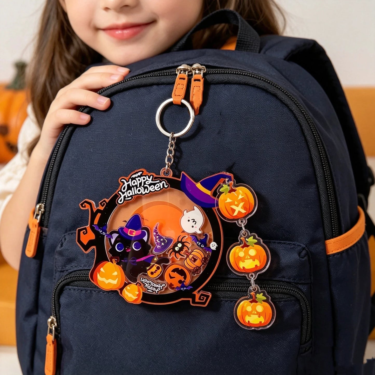 Halloween Acrylic Shaker Keychain - Cute Black Cat, Witch, Pumpkin & Ghost Bag Pendant