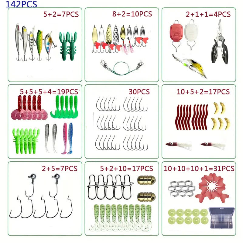 Fishing Lure Set 18–142pcs Mixed VIB Baits Kit – Soft Lures, Minnow, Popper & Hooks Fishing Accessories for Freshwater Fishing Tackle Kit