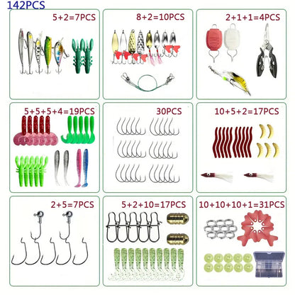 Fishing Lure Set 18–142pcs Mixed VIB Baits Kit – Soft Lures, Minnow, Popper & Hooks Fishing Accessories for Freshwater Fishing Tackle Kit