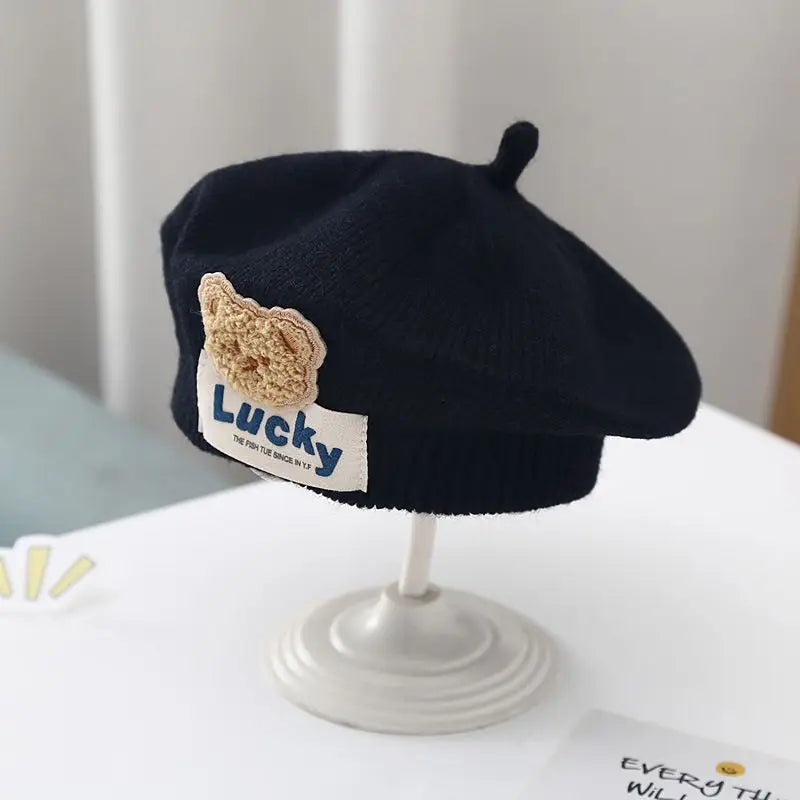 Flower Baby Beret Hat – Winter Warm Knitted Beanie for Infant & Toddler Girls, Korean Princess Artist Painter Cap Solid Color