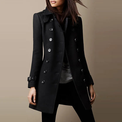 Winter Ladies Woolen Jacket – Double-Breasted Flap Lapel, Slim Fit, Elegant Solid Top Coat, Lined Women’s Outerwear 2024