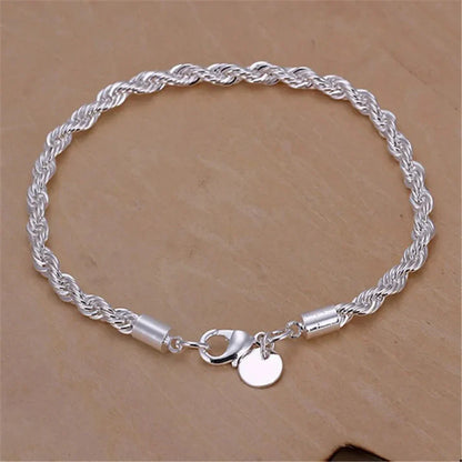 ALIZERO 925 Sterling Silver 4mm Rope Chain Bracelet — Unisex Twisted Link Classic Jewelry for Men and Women