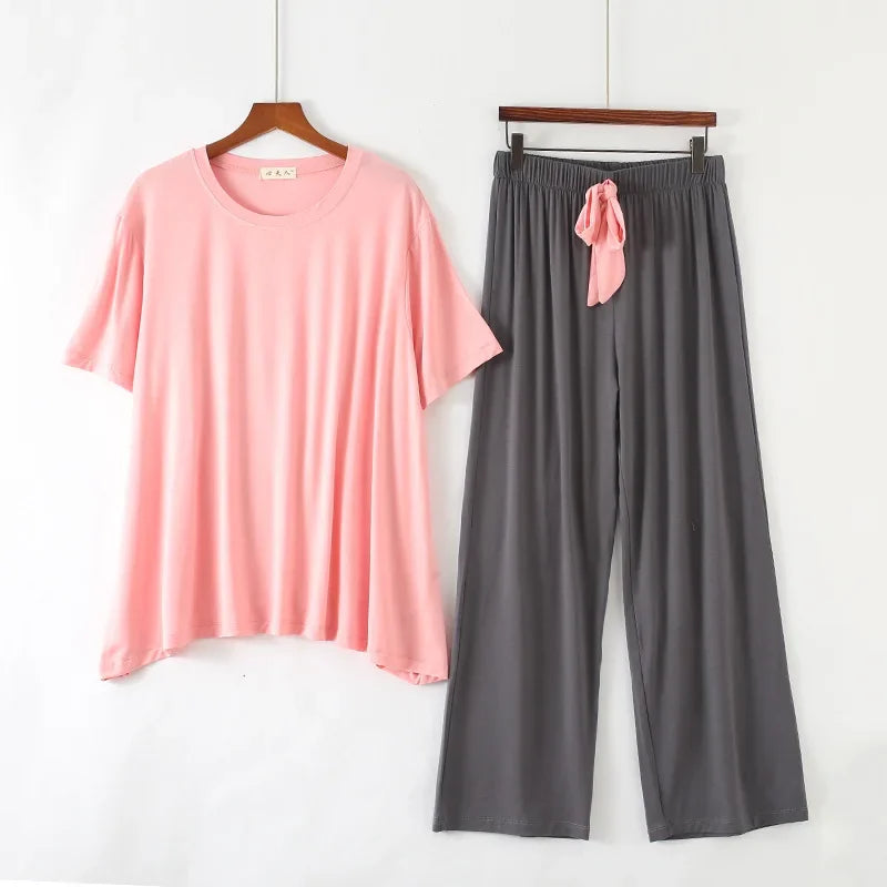 Women's Summer Modal Pajamas Set – Lightweight Short Sleeve Top and Loose Trousers Two-Piece Homewear