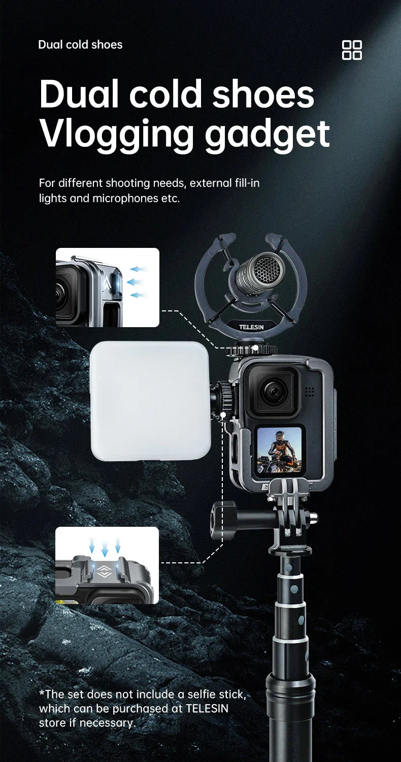 TELESIN Aluminum Alloy Cage for GoPro Hero 12/11/10/9 – Vlog Frame Case with Cold Shoe Mount & Protective Housing