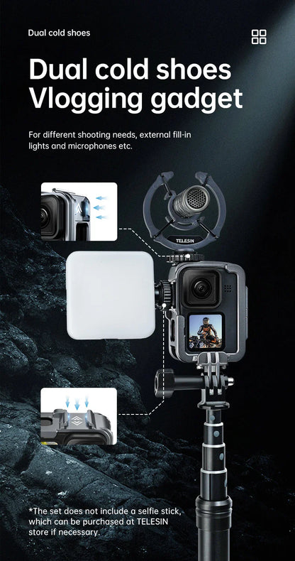 TELESIN Aluminum Alloy Cage for GoPro Hero 12/11/10/9 – Vlog Frame Case with Cold Shoe Mount & Protective Housing