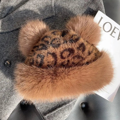 Retro Leopard Print Plush Cat Ear Beanie – Thick Warm Fur Hat for Women, Windproof & Fluffy Winter Snow Cap