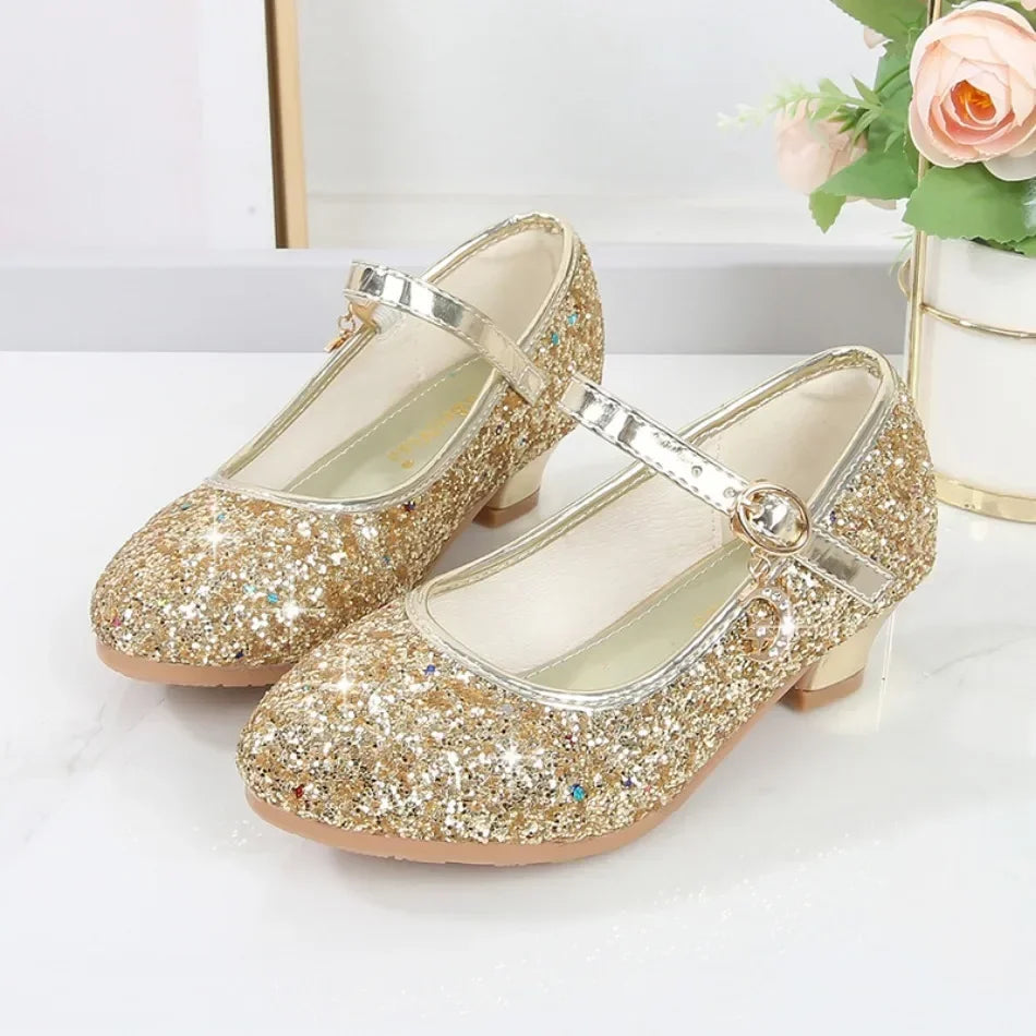 Girls Glitter Crystal High Heel Sandals - Buckle Princess Dance & Performance Shoes