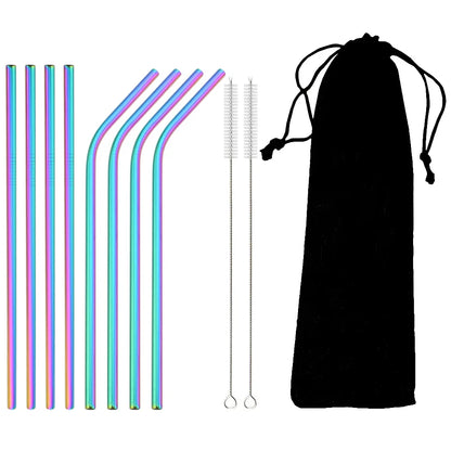 Colorful 304 Stainless Steel Reusable Straws Set — Metal Drinking Straws with Cleaning Brush for Cocktails & Glasses