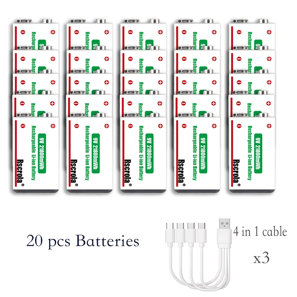 9V Lithium-Ion Rechargeable Battery 21800mWh – High-Capacity Power for Guitar, Microphone, Smoke Detector & Pedals with Cable