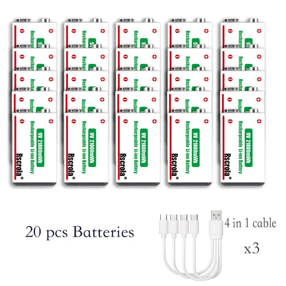 9V Lithium-Ion Rechargeable Battery 21800mWh – High-Capacity Power for Guitar, Microphone, Smoke Detector & Pedals with Cable