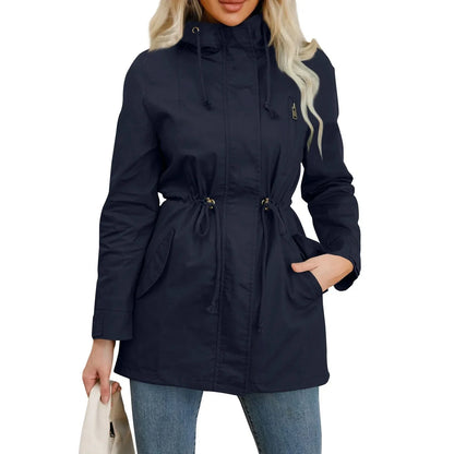 Women’s Hooded Trench Coat - Fitted Solid Color Jacket for Spring, Autumn & Outdoor Wear