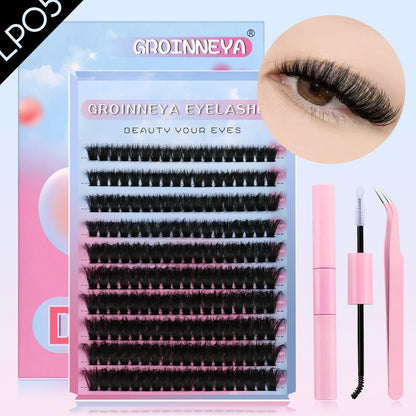 GROINNEYA DIY Mixed Lash Clusters Set – Fluffy Individual Lash Extensions Kit with Bond & Seal for At-Home Makeup