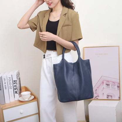 Genuine Leather Women’s Commuter Tote Bag — Soft Cowhide Shoulder Handbag, Large Capacity Bucket Bag, 2025 New