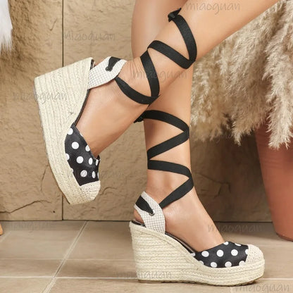 Women's Dot Espadrille Wedge Sandals - Braided Hemp Platform Shoes with Ribbon Ankle Wrap