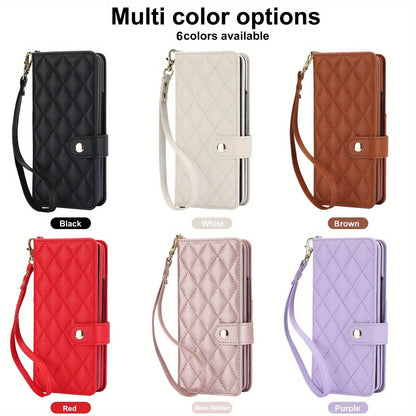 PU Leather Flip Wallet Case for Samsung Galaxy Z Fold 6/5/4/3 5G – Card Holder, Wrist Strap, Crossbody Stand Cover