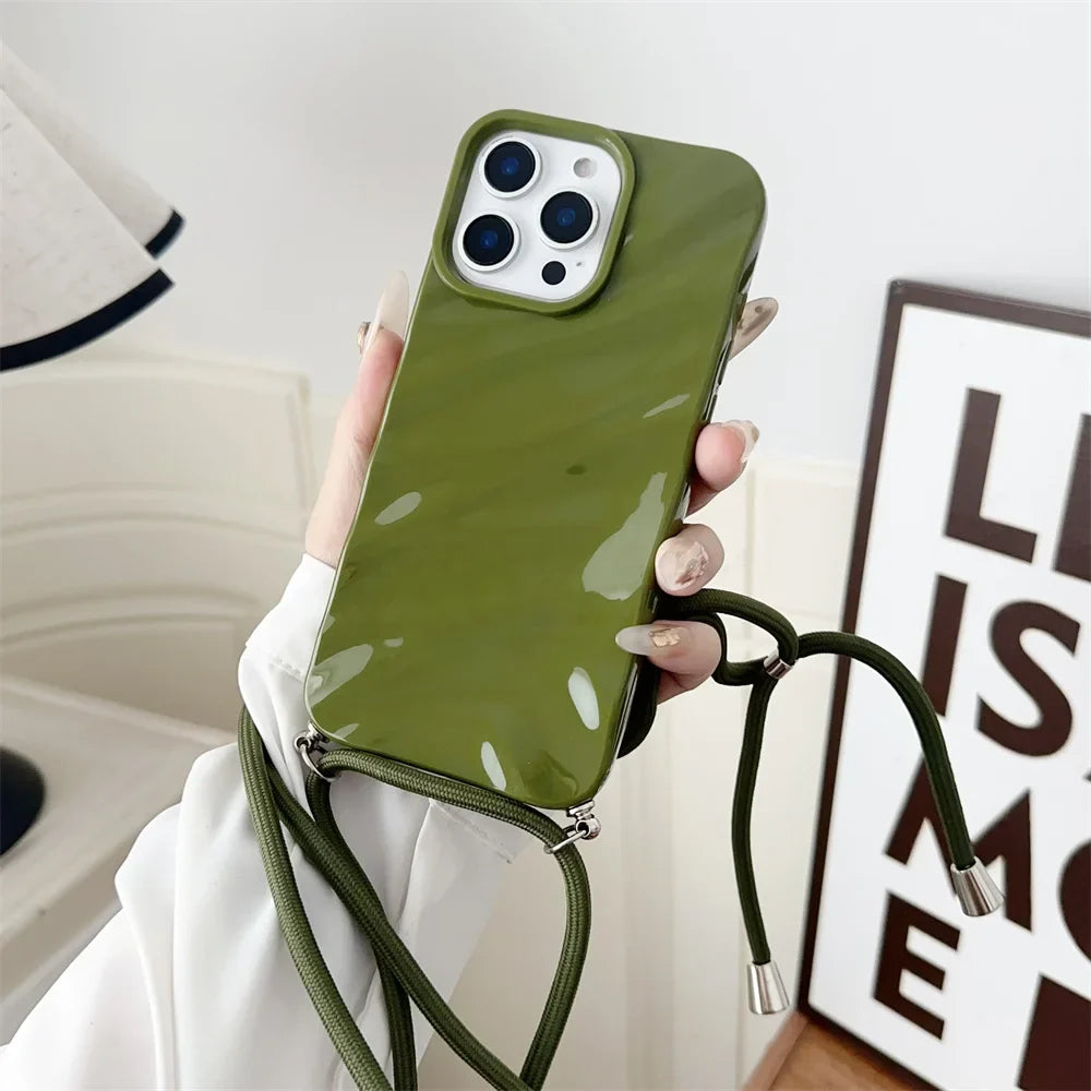 Glossy Wave Ripple Crossbody Lanyard Phone Case for iPhone 17/16/15 Pro Max Air 14 13 12 11 XR X 8 7 - Soft Silicone Protective Cover with Strap