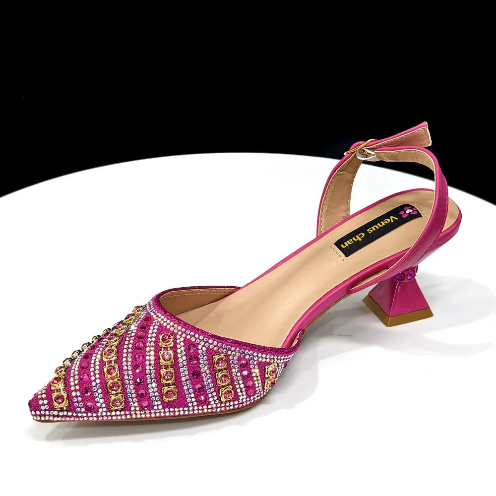 Women’s Fuchsia Rhinestone Shoe & Bag Set - Shiny Italian Style Pointed Toe High Heel Fashion Accessories