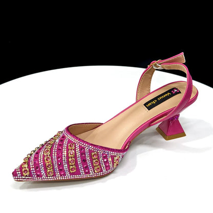 Women’s Fuchsia Rhinestone Shoe & Bag Set - Shiny Italian Style Pointed Toe High Heel Fashion Accessories