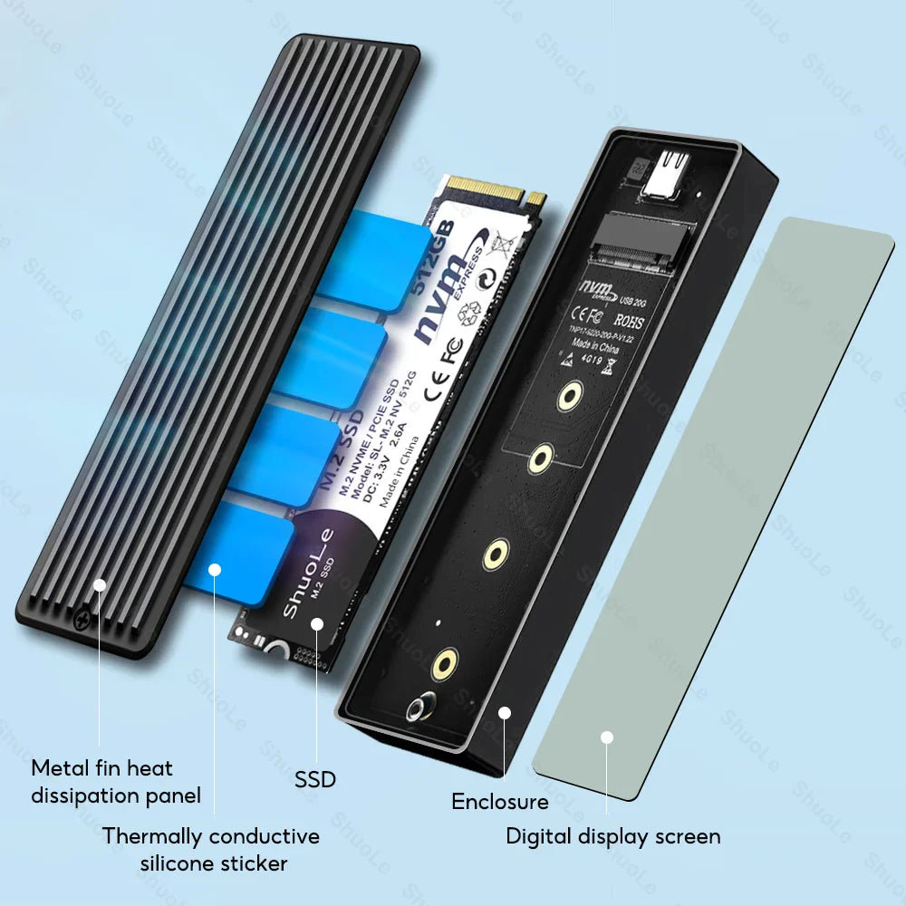 M.2 NVMe SATA SSD Enclosure – Smart Visual Case, USB 3.2 Gen 2, 10Gbps, PCI-E 20Gbps Speed