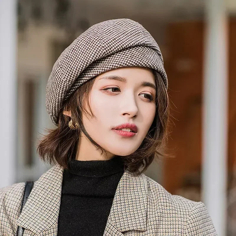 2024 Women's Wool Beret - Elegant Plaid Vintage Octagonal Cap, Casual Cotton Hat for Autumn and Winter