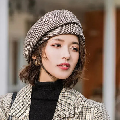 2024 Women's Wool Beret - Elegant Plaid Vintage Octagonal Cap, Casual Cotton Hat for Autumn and Winter