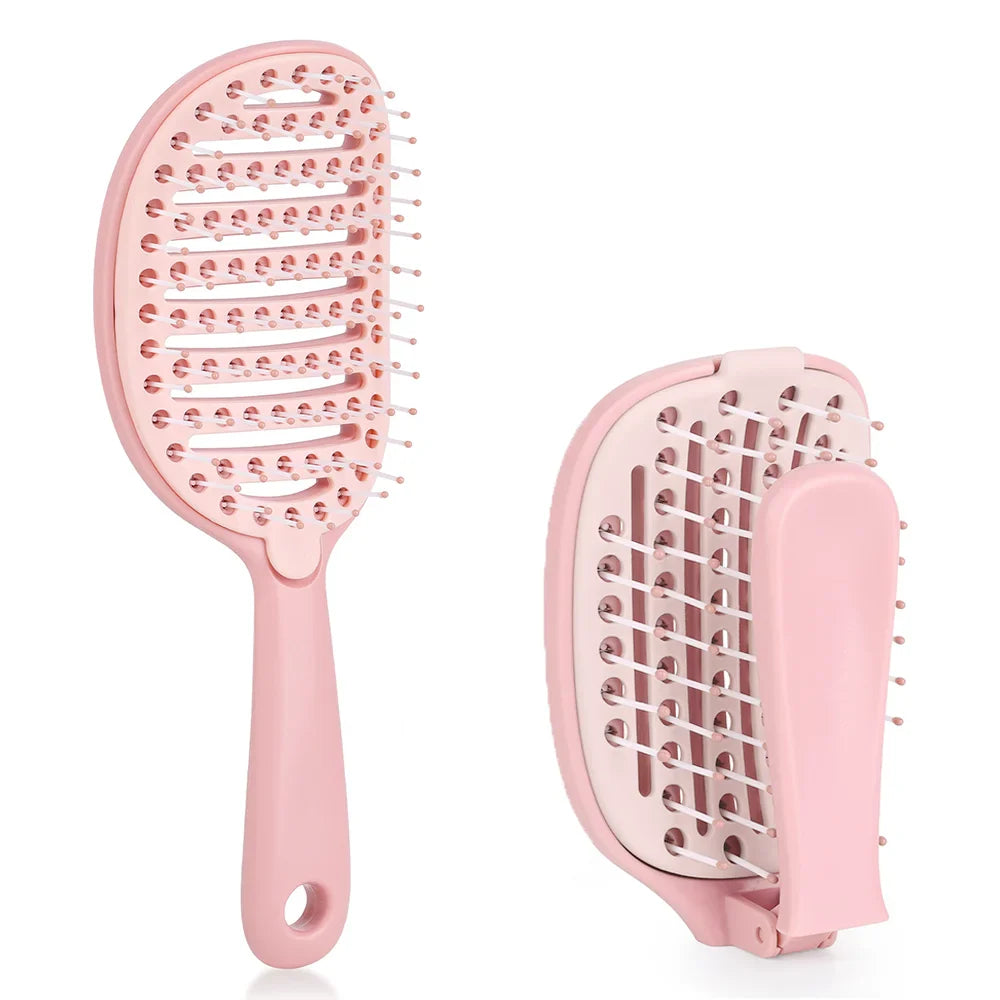 Self Cleaning Foldable Hair Brush with Anti-Static Massage Comb for Women and Home Salon Use