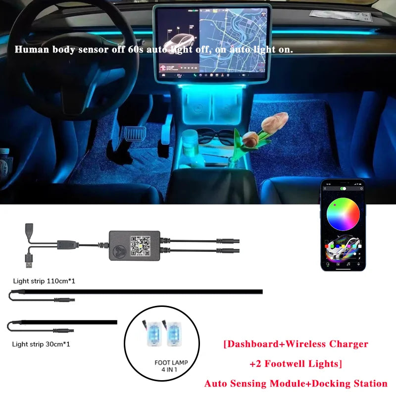 2-in-1 Dynamic Neon RGB Car LED Ambient Lighting – Auto OFF 60s Module for Tesla Model 3 & Y Dashboard Decoration