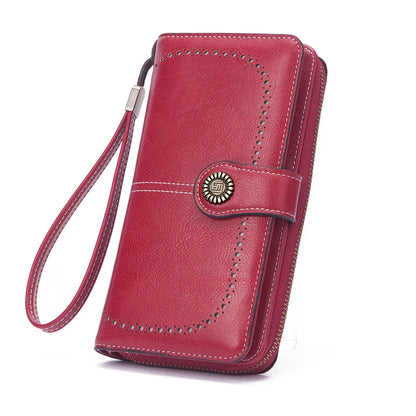 Vintage Large Capacity Women's Purse – Monochromatic Multi-Card Long Wallet with Zipper & Wrist Strap