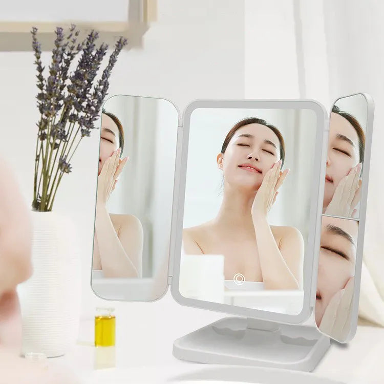 Tri-Fold LED Makeup Mirror with Smart Complementary Lighting - Beauty Light for Dorms, Dressing Rooms, and More