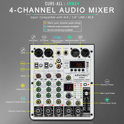 ARVOMIC 4-Channel DJ Audio Mixer – USB Interface, Bluetooth, 16 DSP Effects & 3-Band EQ (ARMX-4)