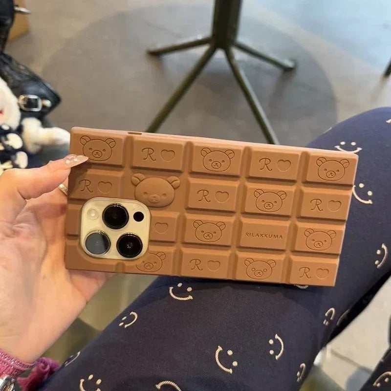 Kawaii Bear Rilakkuma Chocolate Silicone Soft Phone Case for iPhone 17, 16, 15, 14, 13, 12 Pro & Pro Max