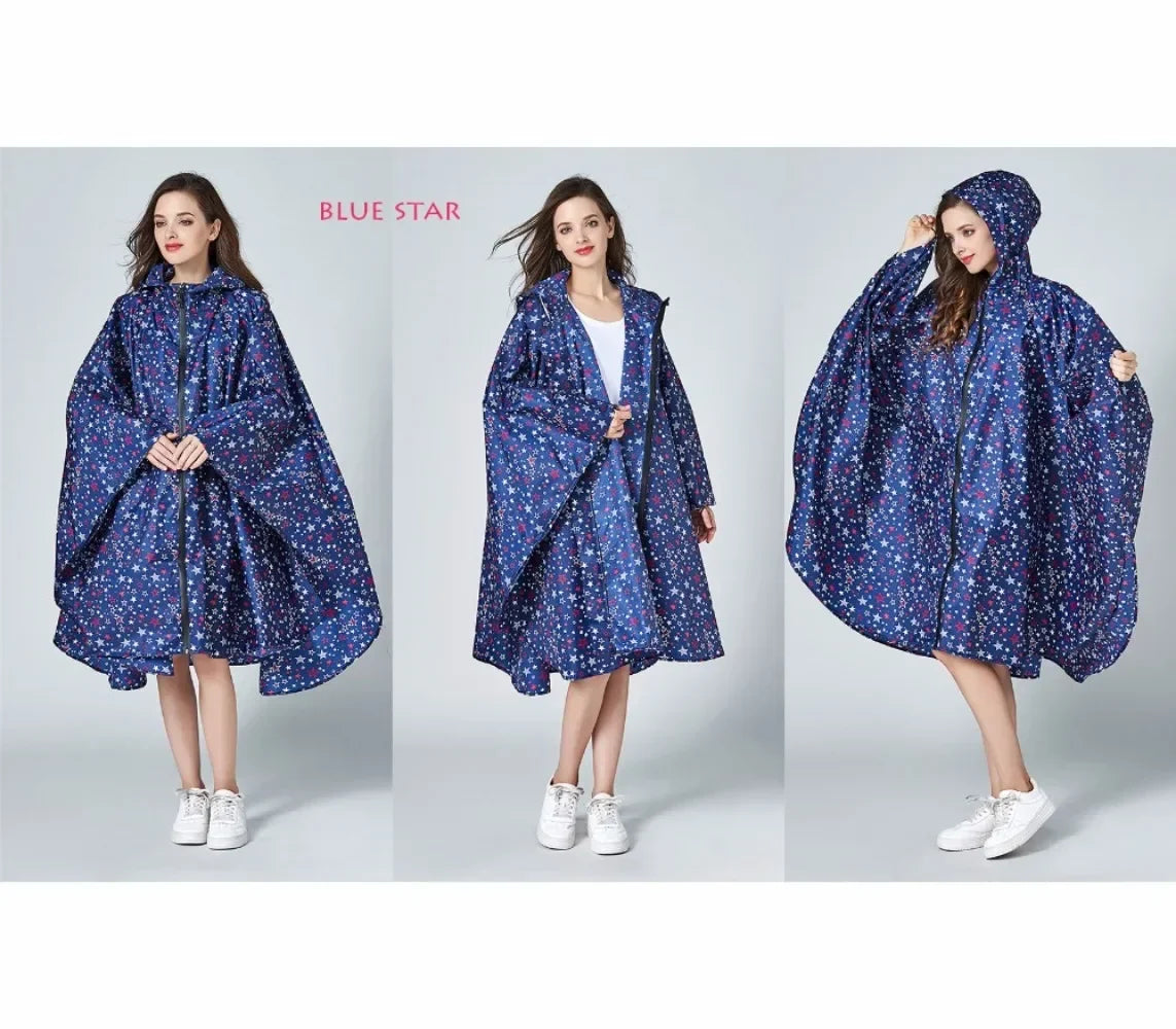 Women's Fashionable Waterproof Rain Poncho - Colorful Print, Hooded with Zipper, Stylish Raincoat