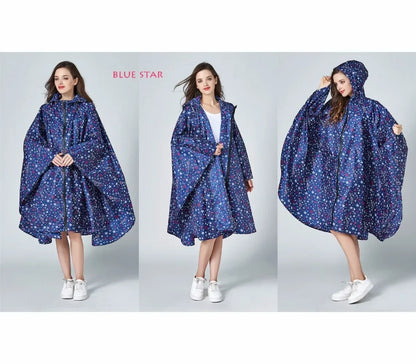 Women's Fashionable Waterproof Rain Poncho - Colorful Print, Hooded with Zipper, Stylish Raincoat
