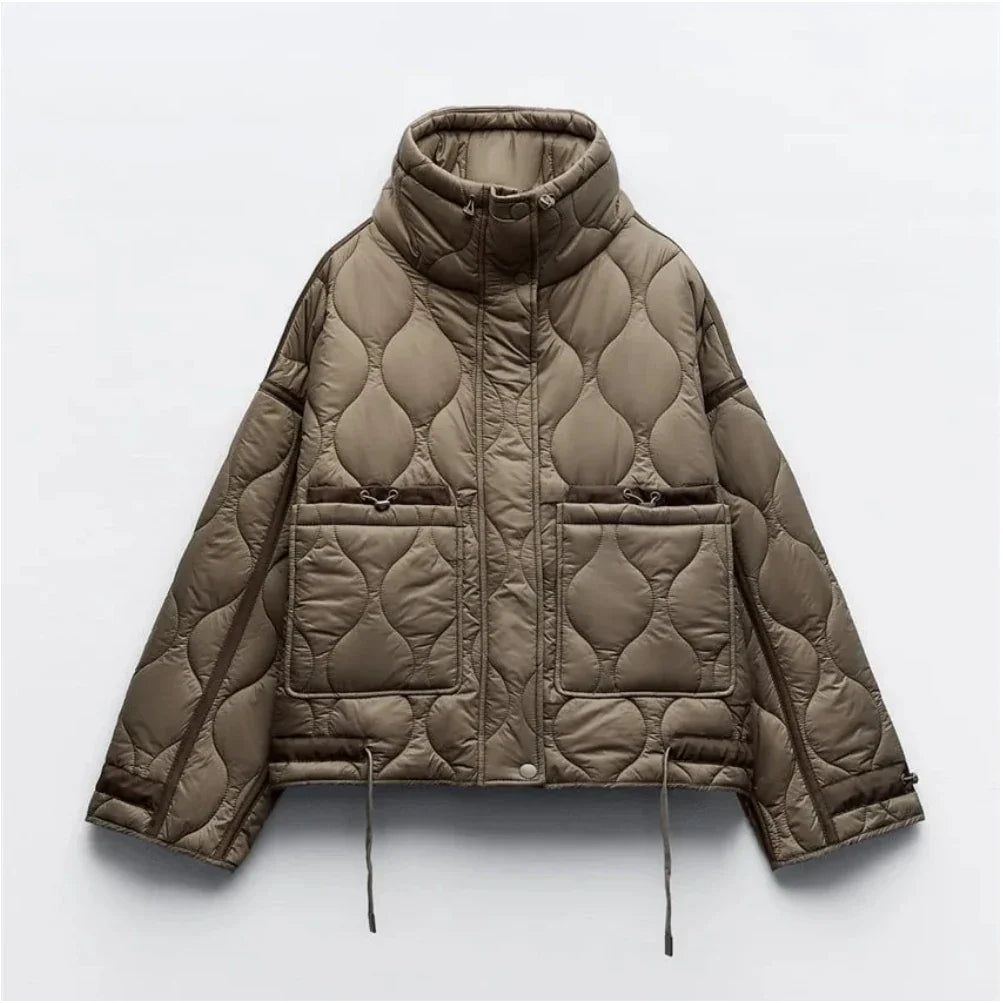 2024 ETJ Quilted Women's Coat – Beige Drawstring High Neck Jacket with Ties & Pockets