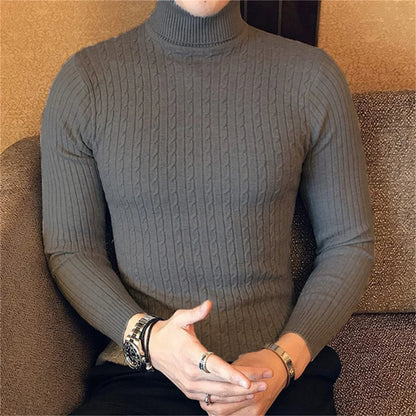 Men's Autumn Winter Turtleneck Pullover - Warm Solid Color Slim Fit Knitted Sweater and Bottoming Shirt