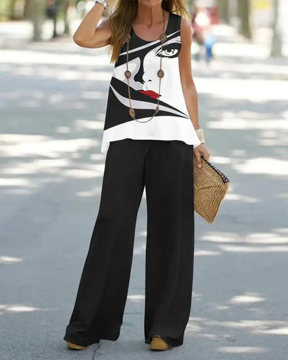 Women Printed 2-Piece Summer Suit Set – Sleeveless Round Neck Top & Wide Leg Pants Casual Loose Fit Outfit