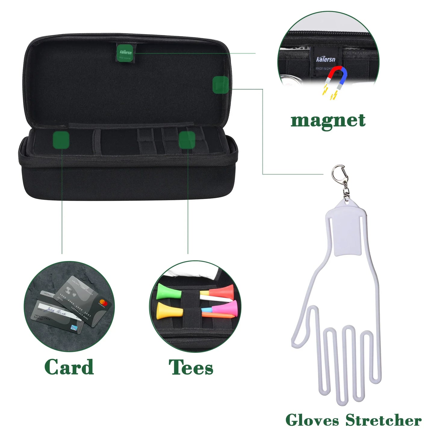 Golf Ball Storage Box & Glove Holder – Accessory Protect Case with Tees, Divot Tool & Valuables Pouch, Includes Hook